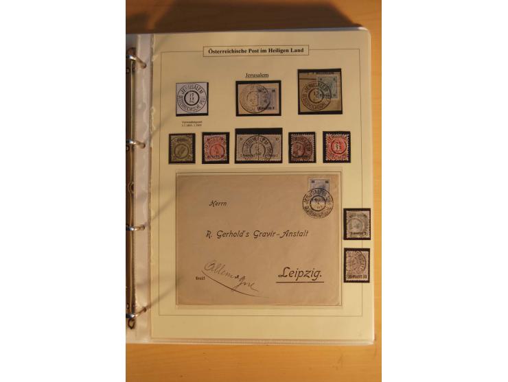 1863/1913 (ca.), Palästina Stempelsammlung, Jaffa, Jerusalem und Caifa auf losen Marken, Briefstücken und 53 Karten, Briefen 