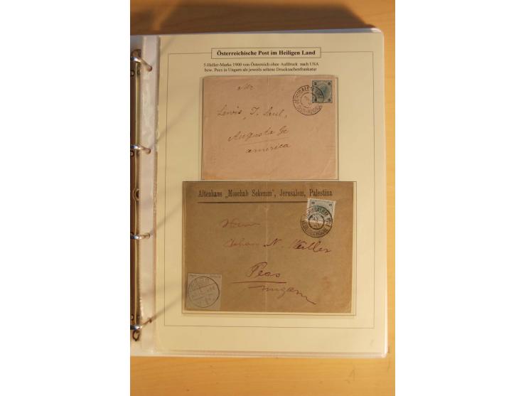 1863/1913 (ca.), Palästina Stempelsammlung, Jaffa, Jerusalem und Caifa auf losen Marken, Briefstücken und 53 Karten, Briefen 