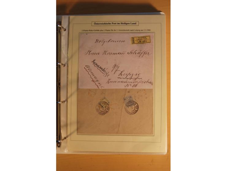 1863/1913 (ca.), Palästina Stempelsammlung, Jaffa, Jerusalem und Caifa auf losen Marken, Briefstücken und 53 Karten, Briefen 