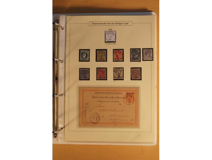 1863/1913 (ca.), Palästina Stempelsammlung, Jaffa, Jerusalem und Caifa auf losen Marken, Briefstücken und 53 Karten, Briefen 