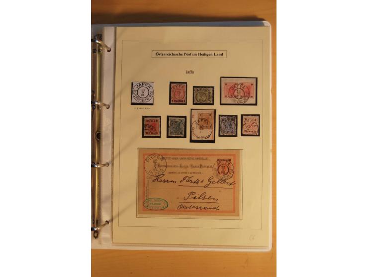 1863/1913 (ca.), Palästina Stempelsammlung, Jaffa, Jerusalem und Caifa auf losen Marken, Briefstücken und 53 Karten, Briefen 