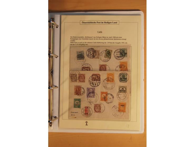 1863/1913 (ca.), Palästina Stempelsammlung, Jaffa, Jerusalem und Caifa auf losen Marken, Briefstücken und 53 Karten, Briefen 