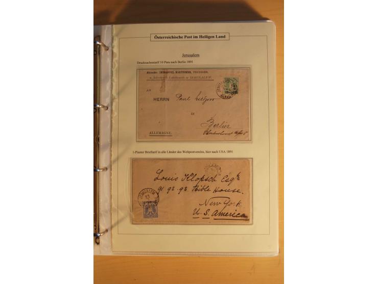 1863/1913 (ca.), Palästina Stempelsammlung, Jaffa, Jerusalem und Caifa auf losen Marken, Briefstücken und 53 Karten, Briefen 