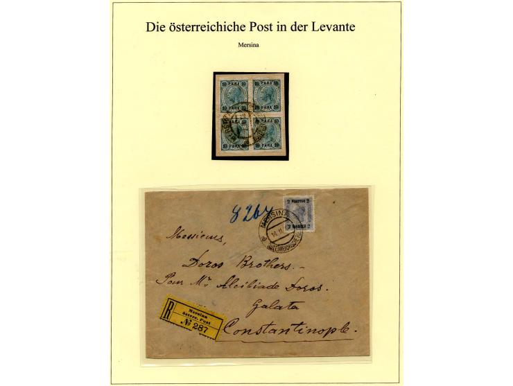 MERSINA: 1902/10 (ca.), Stempelsammlung mit losen Marken, Briefstücken und 6 Briefen, Karten und Ganzsachen (dabei R-Brief), 