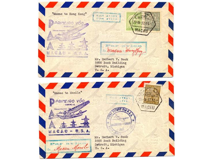 1937, 5 verschiedene PAA-Erstflugbriefe von Macau nach Hong-Kong, Manila, Guam, Honolulu und San Francisco mit diversen Alleg