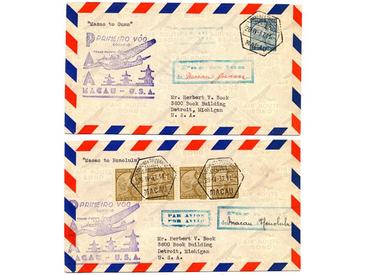 1937, 5 verschiedene PAA-Erstflugbriefe von Macau nach Hong-Kong, Manila, Guam, Honolulu und San Francisco mit diversen Alleg