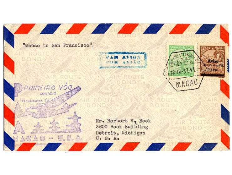 1937, 5 verschiedene PAA-Erstflugbriefe von Macau nach Hong-Kong, Manila, Guam, Honolulu und San Francisco mit diversen Alleg