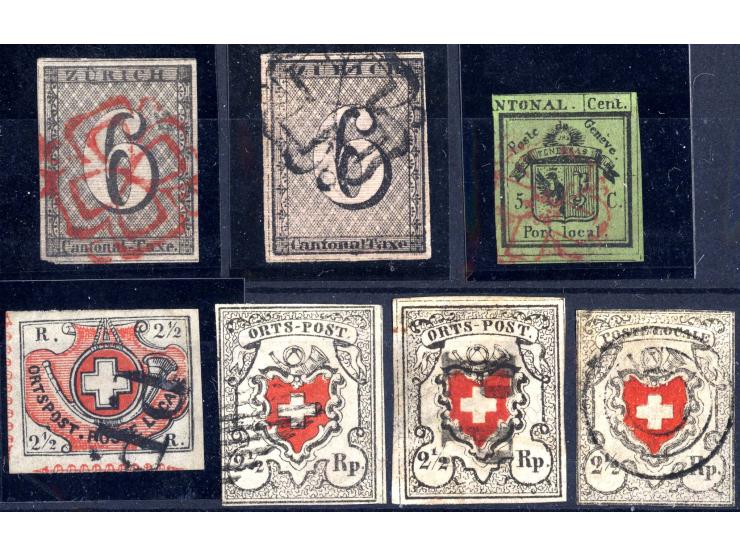 1843/50, 7 gestempelte Werte: Zürich 2II (2), Genf 1HR und Bundespost Nr. 4, 5I und II und 6I, alle fehlerhaft bzw. repariert