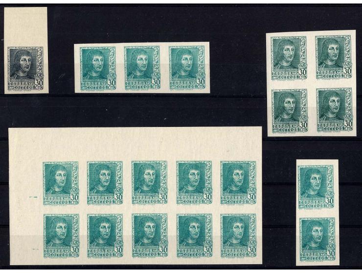 1938, Ferdinand II., ungezähnte Farbproben mit Wertbezeichnung "CMS", insgesamt 123 Stück in 3 verschiedenen Farben, postfris
