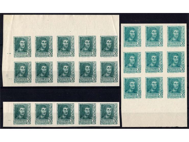 1938, Ferdinand II., ungezähnte Farbproben mit Wertbezeichnung "CMS", insgesamt 123 Stück in 3 verschiedenen Farben, postfris