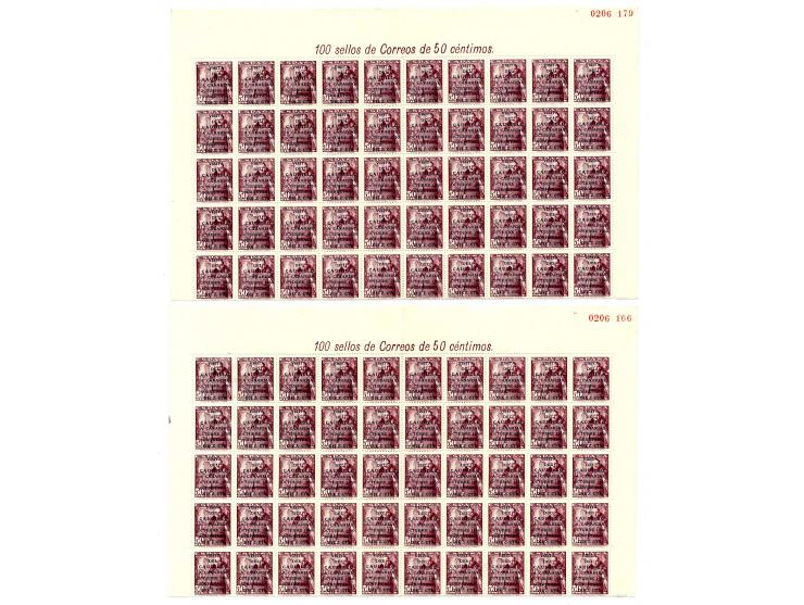 1950, Caudillo-Flug 50 C. und 1 Pta., je 100 Stück postfrisch in Bogenteilen bzw. gefaltetem Bogen (Edifil-Nr. 1088-89; Mi.-N