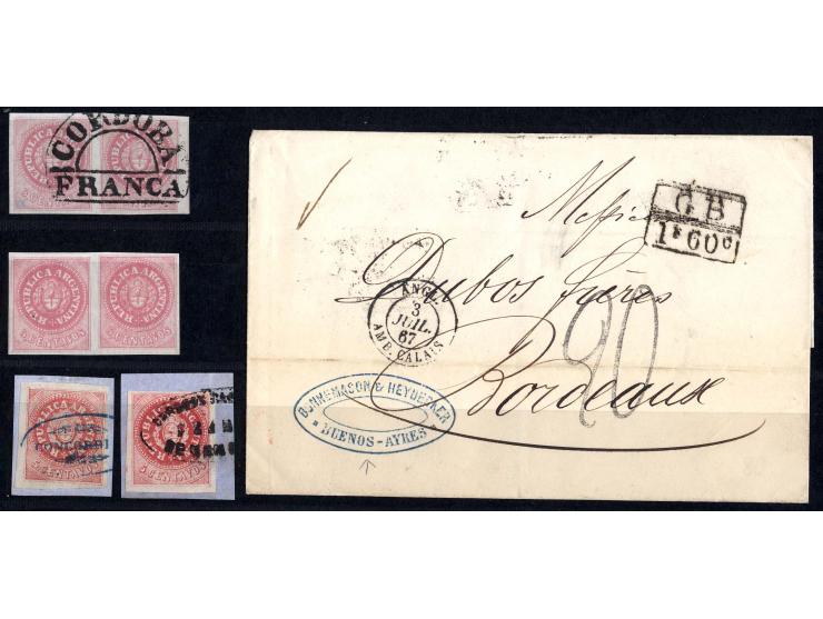 1857/1906, 9 Briefe/Ganzsachen, dabei 4 markenlose Briefe und Bordeaux, dazu Mi.-Nr. 5, 2 Briefstücke sowie ungebrauchtes und