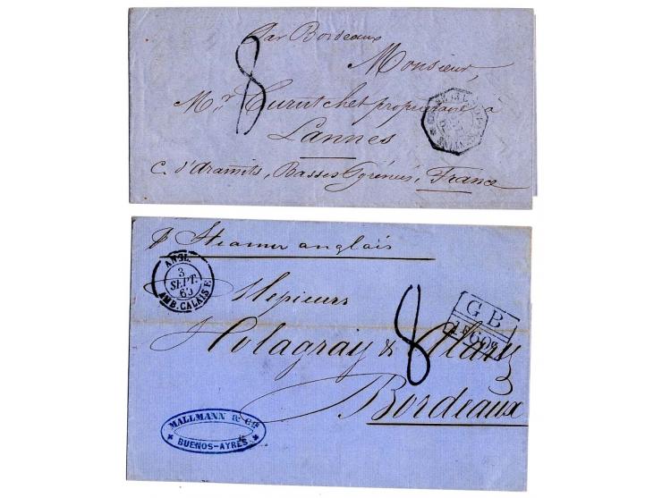 1857/1906, 9 Briefe/Ganzsachen, dabei 4 markenlose Briefe und Bordeaux, dazu Mi.-Nr. 5, 2 Briefstücke sowie ungebrauchtes und