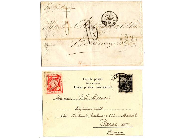 1857/1906, 9 Briefe/Ganzsachen, dabei 4 markenlose Briefe und Bordeaux, dazu Mi.-Nr. 5, 2 Briefstücke sowie ungebrauchtes und