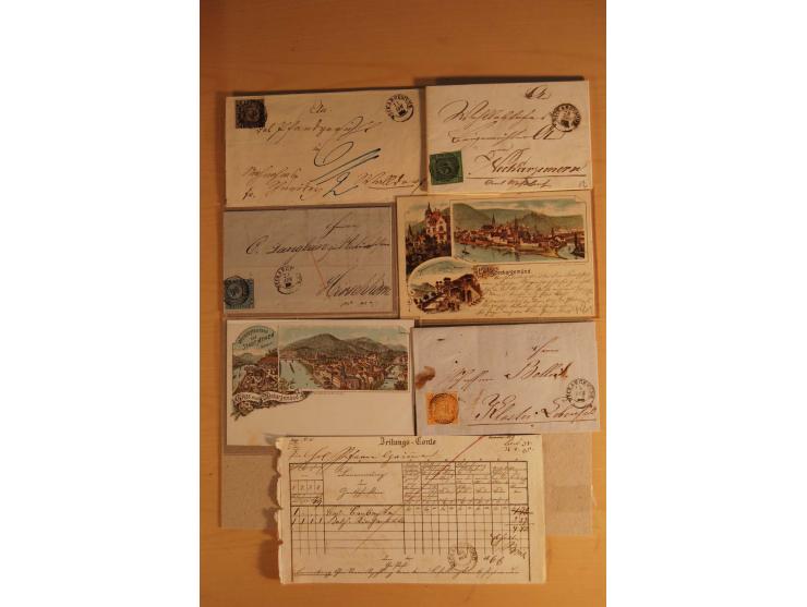 NECKARGEMÜND: 1840/1930 (ca.), nicht aufgezogene Heimatsammlung mit viel Material, dabei Postscheine, viele frankierte Baden-