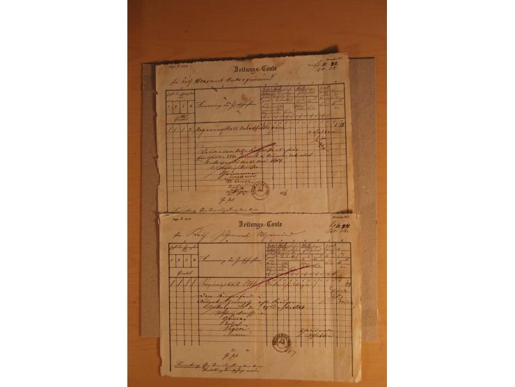 NECKARGEMÜND: 1840/1930 (ca.), nicht aufgezogene Heimatsammlung mit viel Material, dabei Postscheine, viele frankierte Baden-