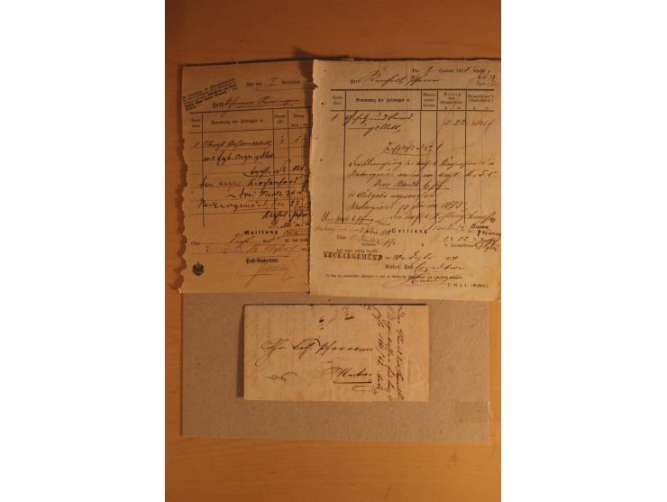 NECKARGEMÜND: 1840/1930 (ca.), nicht aufgezogene Heimatsammlung mit viel Material, dabei Postscheine, viele frankierte Baden-