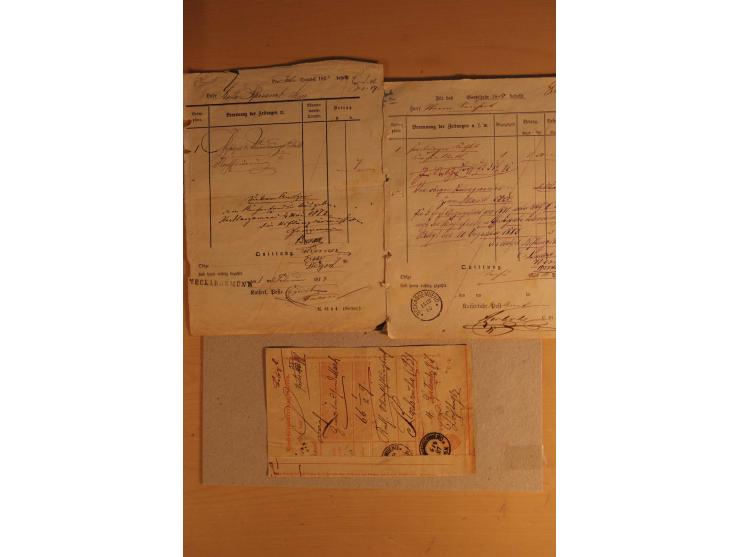 NECKARGEMÜND: 1840/1930 (ca.), nicht aufgezogene Heimatsammlung mit viel Material, dabei Postscheine, viele frankierte Baden-