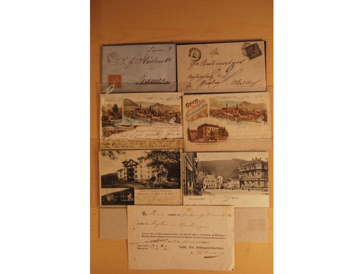 NECKARGEMÜND: 1840/1930 (ca.), nicht aufgezogene Heimatsammlung mit viel Material, dabei Postscheine, viele frankierte Baden-