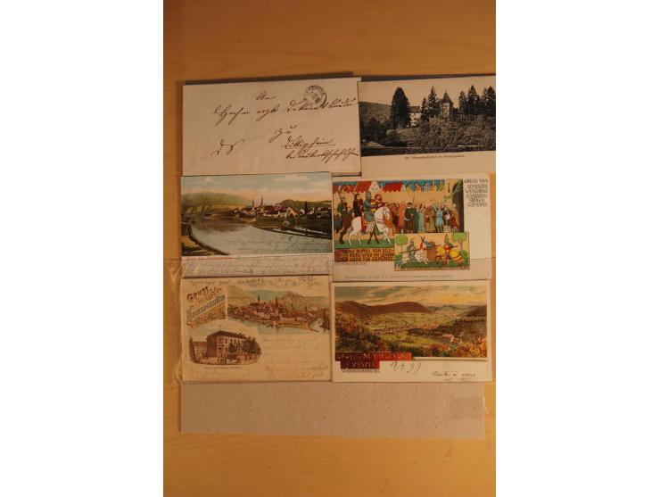 NECKARGEMÜND: 1840/1930 (ca.), nicht aufgezogene Heimatsammlung mit viel Material, dabei Postscheine, viele frankierte Baden-