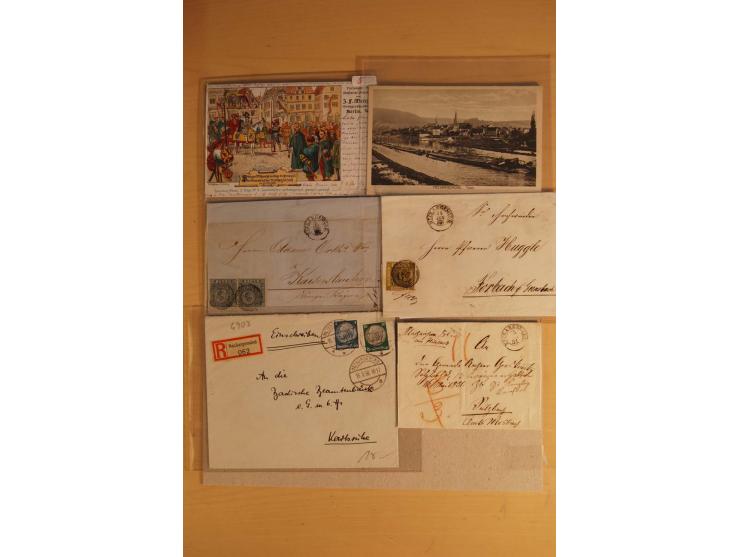NECKARGEMÜND: 1840/1930 (ca.), nicht aufgezogene Heimatsammlung mit viel Material, dabei Postscheine, viele frankierte Baden-