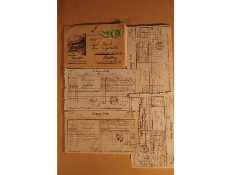 NECKARGEMÜND: 1840/1930 (ca.), nicht aufgezogene Heimatsammlung mit viel Material, dabei Postscheine, viele frankierte Baden-