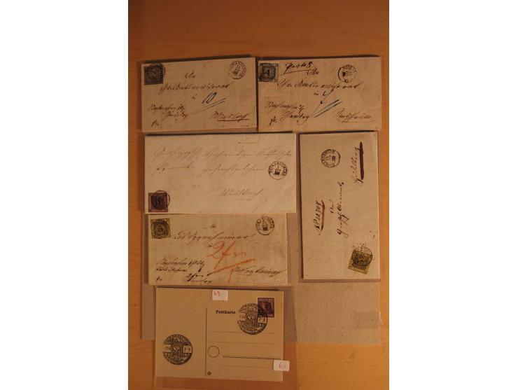 NECKARGEMÜND: 1840/1930 (ca.), nicht aufgezogene Heimatsammlung mit viel Material, dabei Postscheine, viele frankierte Baden-