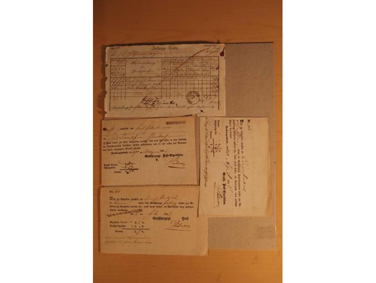NECKARGEMÜND: 1840/1930 (ca.), nicht aufgezogene Heimatsammlung mit viel Material, dabei Postscheine, viele frankierte Baden-