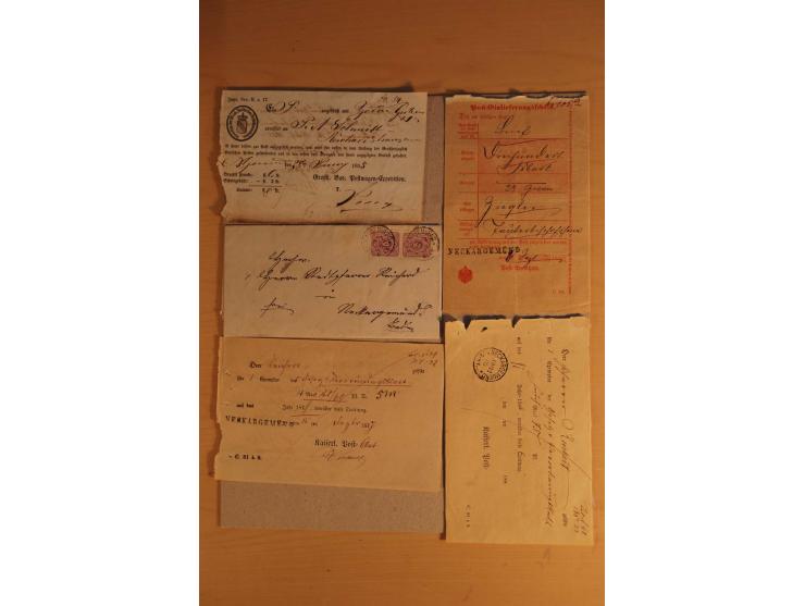 NECKARGEMÜND: 1840/1930 (ca.), nicht aufgezogene Heimatsammlung mit viel Material, dabei Postscheine, viele frankierte Baden-