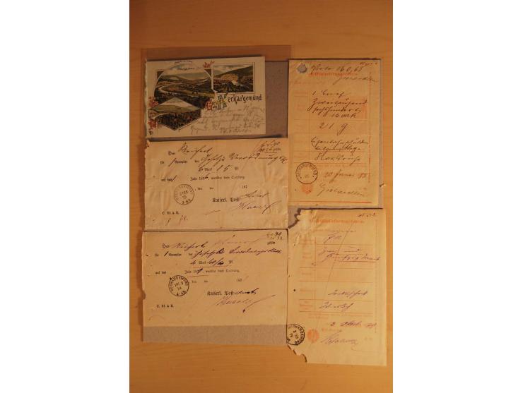 NECKARGEMÜND: 1840/1930 (ca.), nicht aufgezogene Heimatsammlung mit viel Material, dabei Postscheine, viele frankierte Baden-