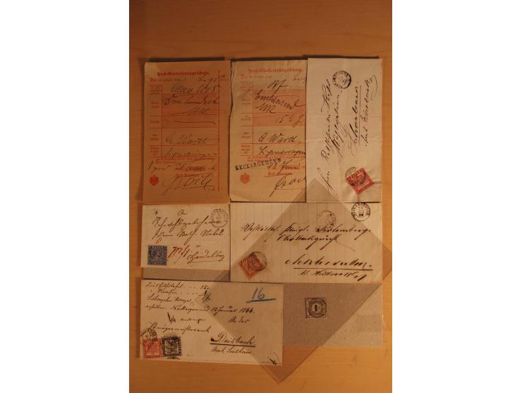 NECKARGEMÜND: 1840/1930 (ca.), nicht aufgezogene Heimatsammlung mit viel Material, dabei Postscheine, viele frankierte Baden-