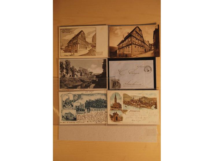 NECKARGEMÜND: 1840/1930 (ca.), nicht aufgezogene Heimatsammlung mit viel Material, dabei Postscheine, viele frankierte Baden-