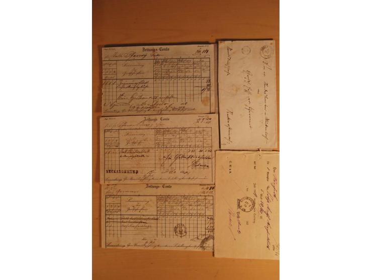 NECKARGEMÜND: 1840/1930 (ca.), nicht aufgezogene Heimatsammlung mit viel Material, dabei Postscheine, viele frankierte Baden-