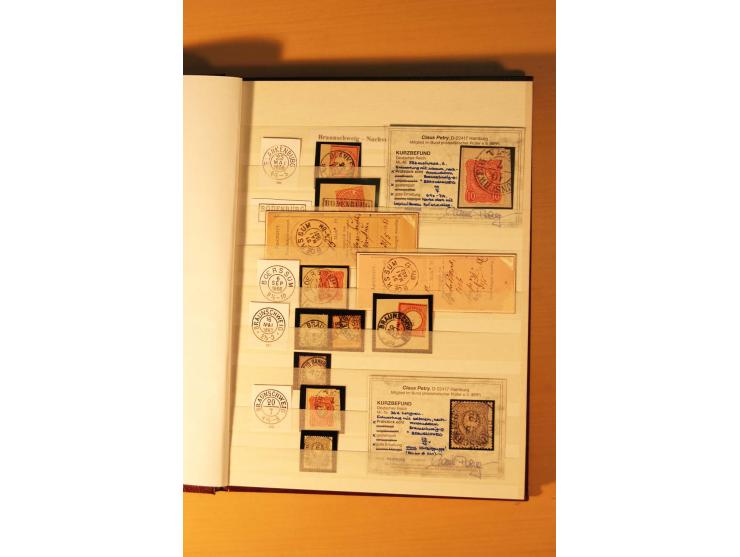 1869/80 (ca.), nachverwendete Stempel auf NDP, Brustschild und Pfennige, insgesamt 44 Einzelmarken/Briefstücke und 12 Briefe/