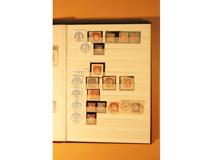 1869/80 (ca.), nachverwendete Stempel auf NDP, Brustschild und Pfennige, insgesamt 44 Einzelmarken/Briefstücke und 12 Briefe/