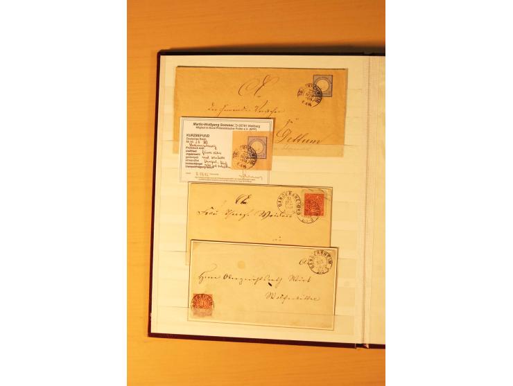 1869/80 (ca.), nachverwendete Stempel auf NDP, Brustschild und Pfennige, insgesamt 44 Einzelmarken/Briefstücke und 12 Briefe/