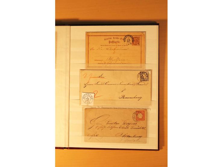 1869/80 (ca.), nachverwendete Stempel auf NDP, Brustschild und Pfennige, insgesamt 44 Einzelmarken/Briefstücke und 12 Briefe/