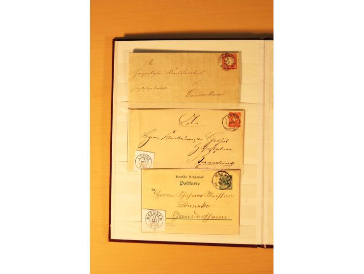 1869/80 (ca.), nachverwendete Stempel auf NDP, Brustschild und Pfennige, insgesamt 44 Einzelmarken/Briefstücke und 12 Briefe/