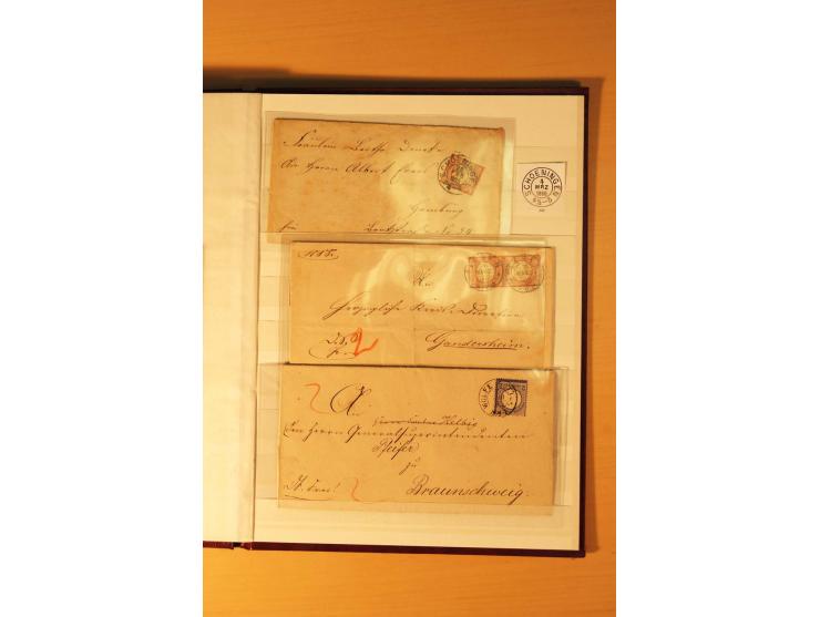 1869/80 (ca.), nachverwendete Stempel auf NDP, Brustschild und Pfennige, insgesamt 44 Einzelmarken/Briefstücke und 12 Briefe/