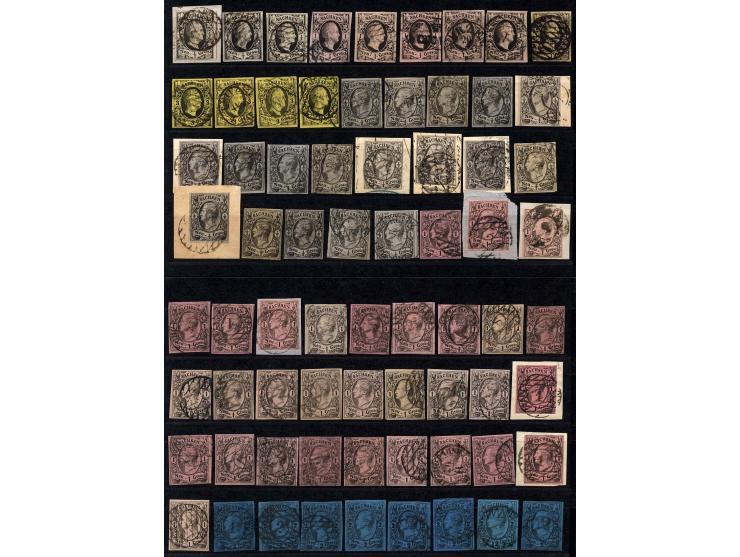 1851/67, gestempeltes Doublettenlot auf Einsteckkarten, dabei Johann 5 und 10 Ngr., einige Marken mit leichten Fehlern, meist