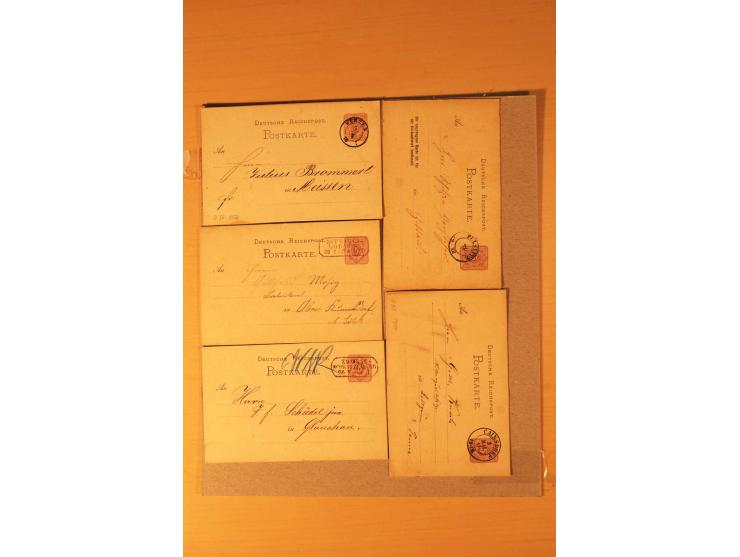 1872/95 (ca.), rd. 215 DR-Ganzsachen mit nachverwendeten Sachsenstempeln; sehr saubere Erhaltung; Aufstellung vorhanden