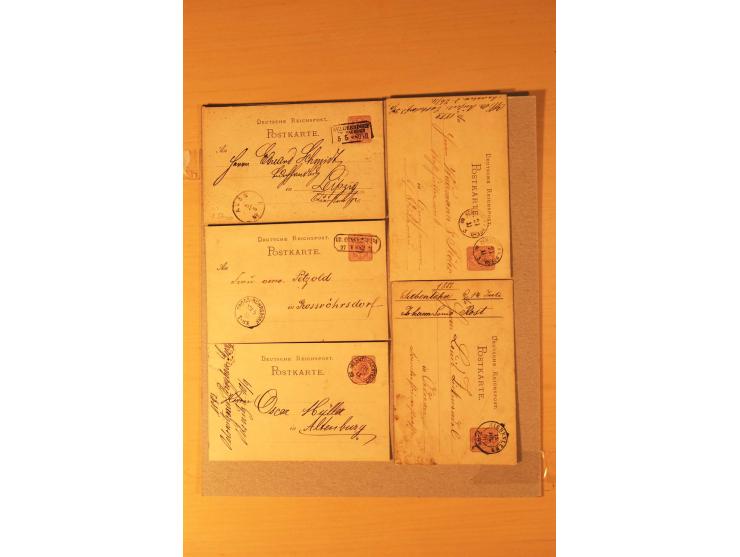 1872/95 (ca.), rd. 215 DR-Ganzsachen mit nachverwendeten Sachsenstempeln; sehr saubere Erhaltung; Aufstellung vorhanden