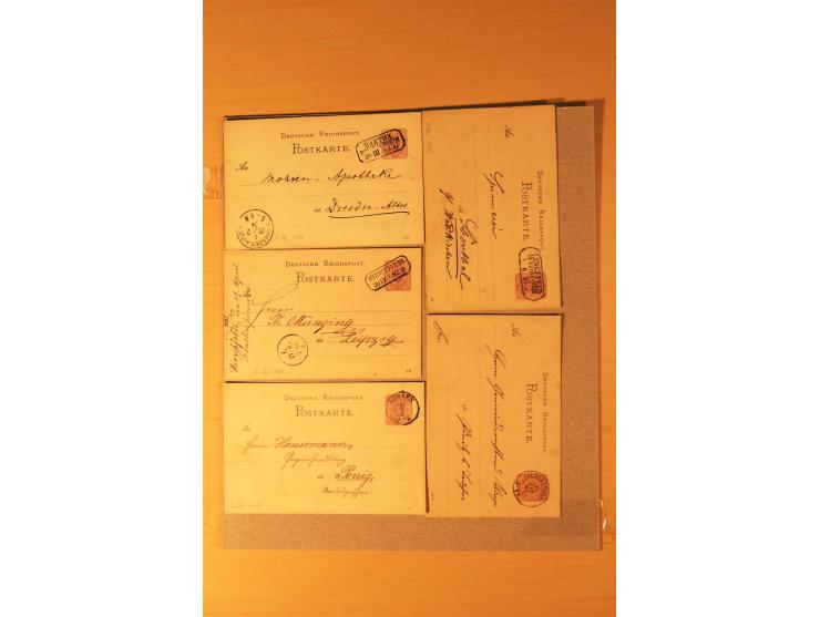 1872/95 (ca.), rd. 215 DR-Ganzsachen mit nachverwendeten Sachsenstempeln; sehr saubere Erhaltung; Aufstellung vorhanden