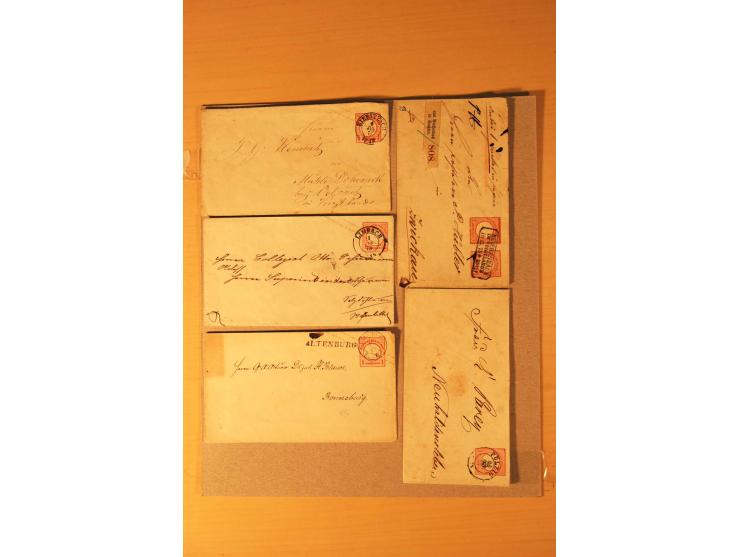 1872/95 (ca.), rd. 215 DR-Ganzsachen mit nachverwendeten Sachsenstempeln; sehr saubere Erhaltung; Aufstellung vorhanden
