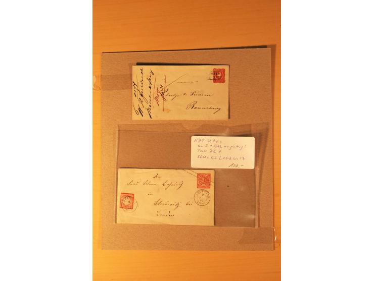 1872/95 (ca.), rd. 215 DR-Ganzsachen mit nachverwendeten Sachsenstempeln; sehr saubere Erhaltung; Aufstellung vorhanden