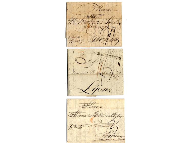 1754/1804, "FLENSBURG", 6 kpl. Faltbriefe nach Bordeaux bzw. nach Lyon, meist mit verschiedenen Stempeln von Hamburg (dabei L