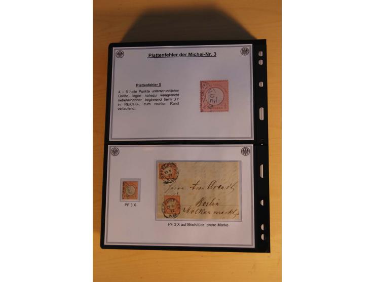 1872/74, große Plattenfehler-Sammlung Brustschilde, gestempelt, in 3 Bänden optisch sehr schön präsentiert mit ca. 300 Platte