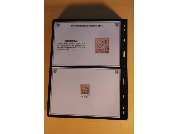1872/74, große Plattenfehler-Sammlung Brustschilde, gestempelt, in 3 Bänden optisch sehr schön präsentiert mit ca. 300 Platte