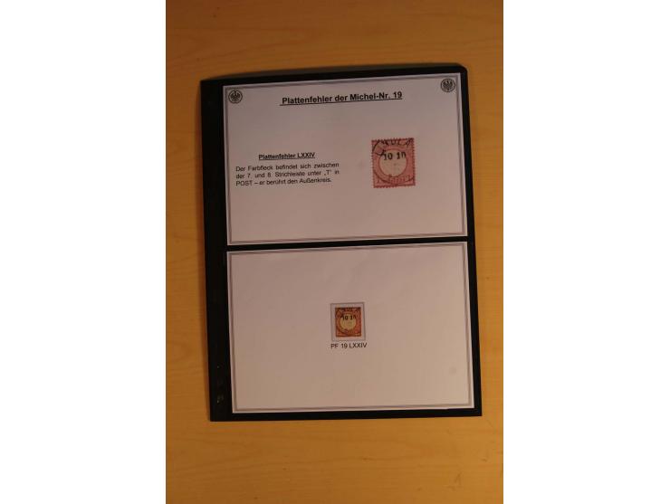 1872/74, große Plattenfehler-Sammlung Brustschilde, gestempelt, in 3 Bänden optisch sehr schön präsentiert mit ca. 300 Platte