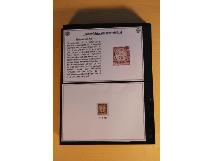 1872/74, große Plattenfehler-Sammlung Brustschilde, gestempelt, in 3 Bänden optisch sehr schön präsentiert mit ca. 300 Platte